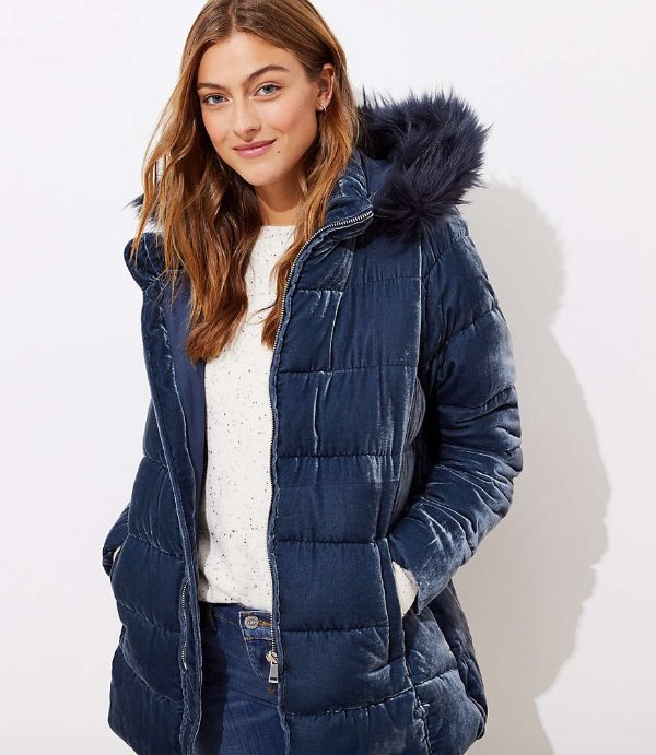 Faux Fur Hood Velvet Puffer Coat | LOFT