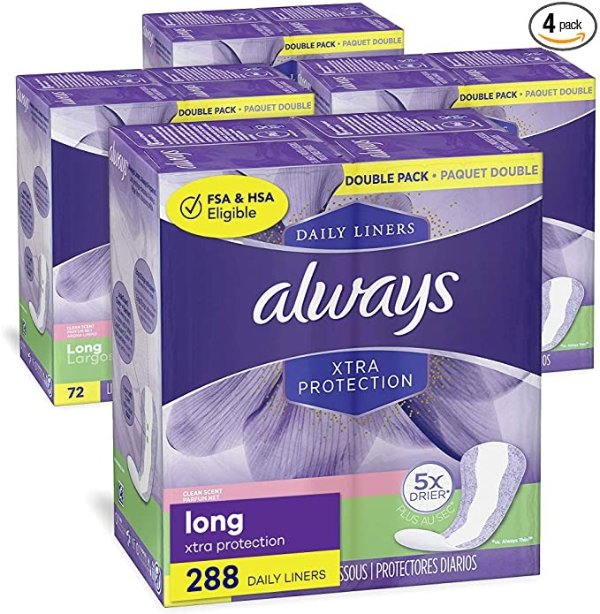 Xtra Protection Daily Feminine Panty Liners for Women, 288 Count, FSA HSA Eligible, Long Length, Fresh Scent, 72 Count - Pack of 4 (288 Count Total)