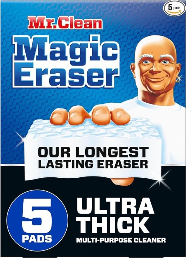 Mr. Clean Magic Eraser Ultra Thick Multi Purpose Cleaner, Magic Eraser Sponge Multi Surface Cleaner, 5ct