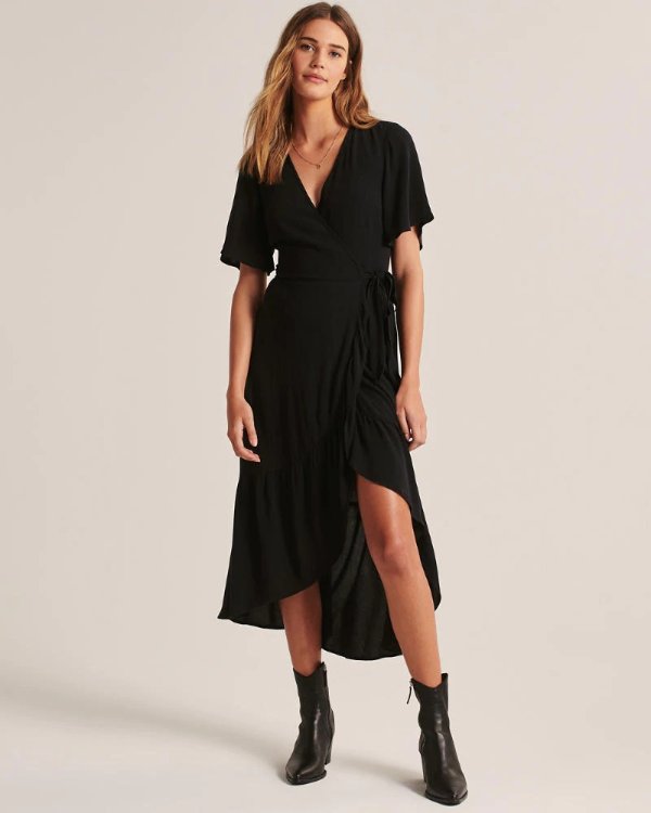 Womens Short-Sleeve Wrap Midi Dress | Womens Clearance | Abercrombie.com