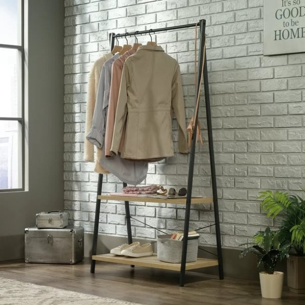 Curiod Hall Tree with Clothing Rack, Charter Oak Finish