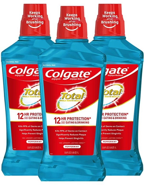 Total Alcohol Free Mouthwash for Bad Breath, Antibacterial Formula, Peppermint - 1L, 33.8 Fluid Ounce (3 Pack)