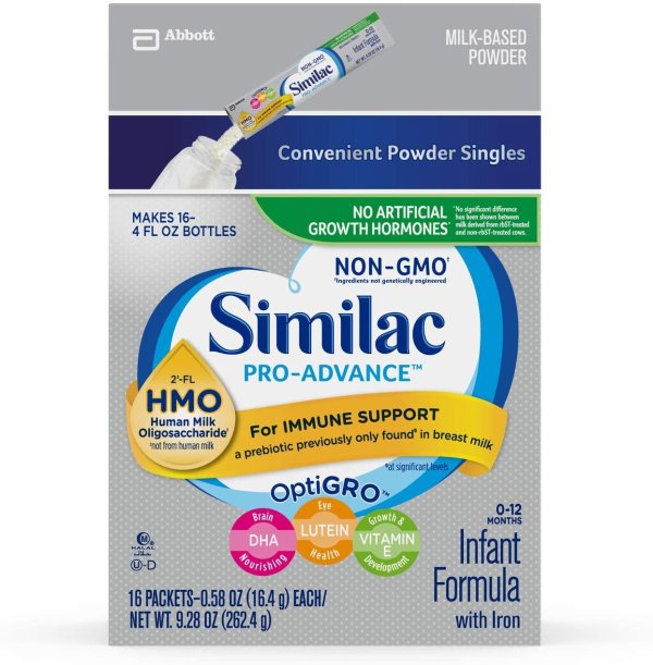 Similac 雅培 Pro-Advance 婴幼儿配方奶粉，含 2'-FL HMO，含铁，婴儿配方奶粉，每条0.58盎司（16.4g），16条