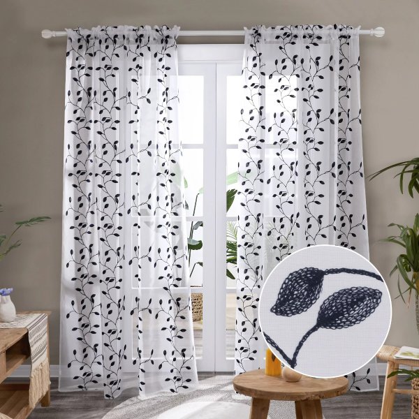 Deconovo Sheer Curtains with Leaf Pattern 2 Panels, Each 52x84“