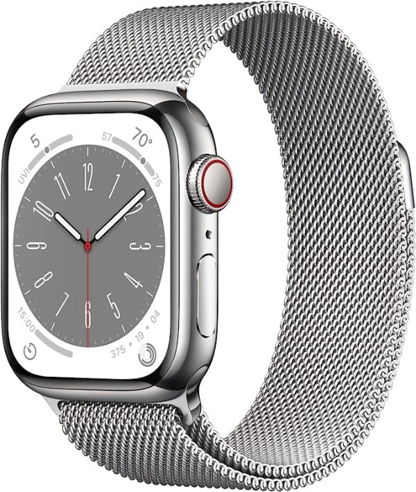 Watch Series 8 [GPS + Cellular 41mm] Smart Watch w/ Silver Stainless Steel Case with Silver Milanese Loop. Fitness Tracker, Blood Oxygen & ECG Apps, Always-On Retina Display, Water Resistant