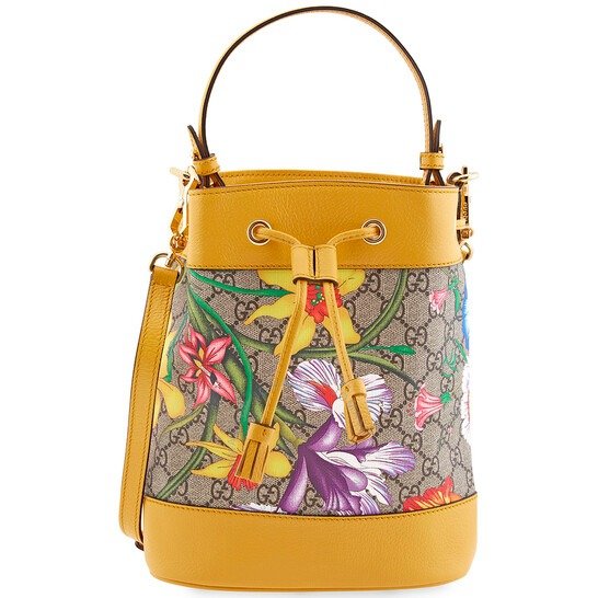 Ophidia GG Flora Pattern Small Bucket Bag in Yellow