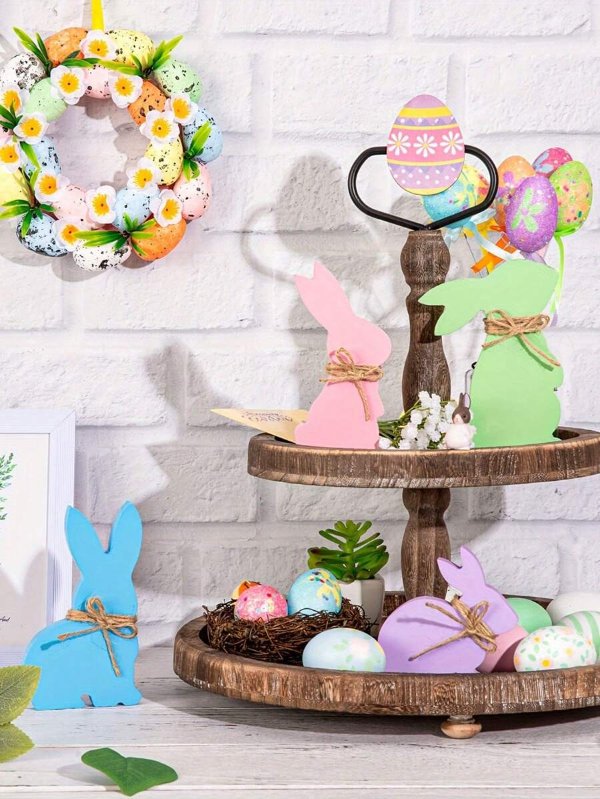 4pcs/Set Wooden Resurrection Rabbit Table Decoration Flag Signs For Easter Decor, With Rope, Suitable For Party Wall Tree Decoration, Gifts | SHEIN USA