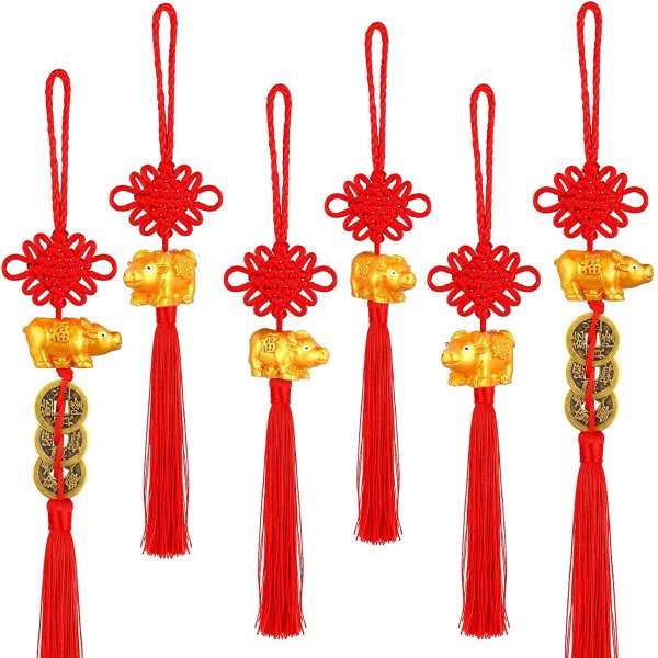 6 Pieces Year of Ox Cow Ornament 2021 Chinese Knot Ox Chinese New Year Ox Pendant Cow Ornament Mascot Chinese Feng Shui Coins Hanging Decoration for New Year Home Wealth Success Good Luck, 3 Styles
