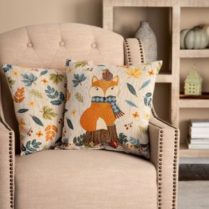 Mainstays Fox and Leaves Decorative Throw Pillow, 17” x 17”, 2 Pack, Harvest