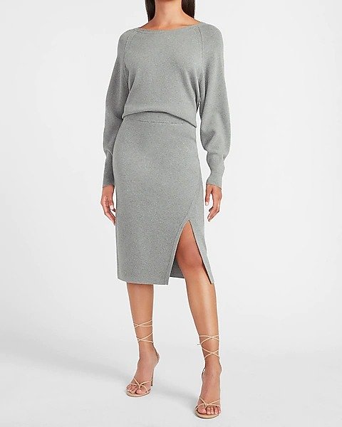 High Waisted Ribbed Slit Front Sweater Pencil Skirt