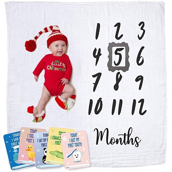 Baby Monthly Milestone Blanket | Muslin Cotton Swaddle & Throw for Infant & Babies 0-3 Months, 3-6, 6-9, 9-12 | Photography Backdrop Photo Prop for Newborn Boy & Girl - New Mom