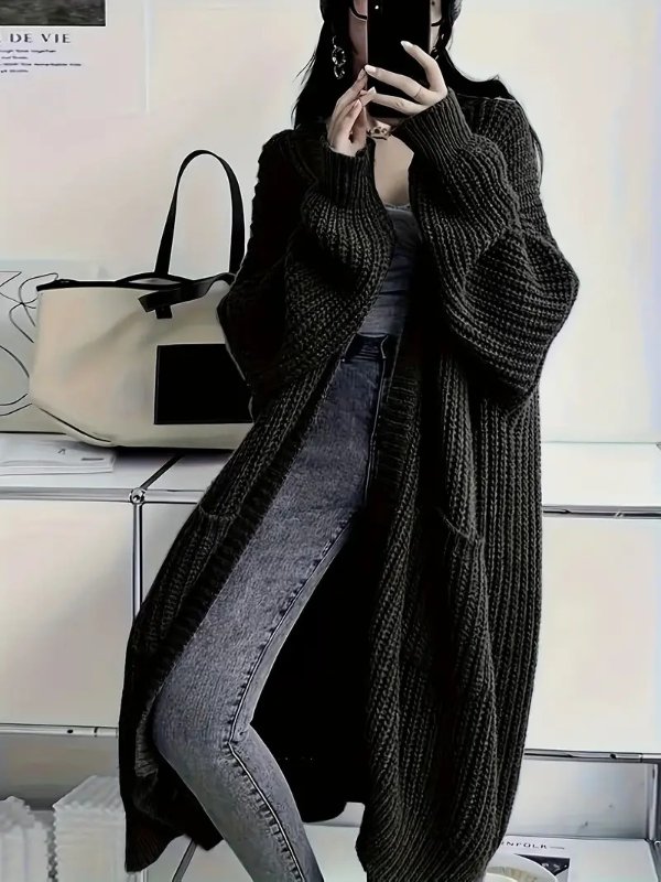Solid Open Front Cardigan, Casual Long Sleeve Drop Shoulder Long Length Outwear, Women's Clothing