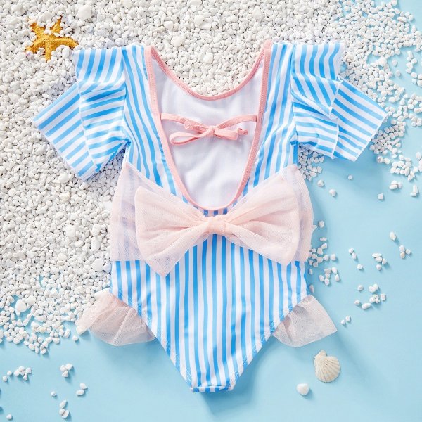 Toddler Girl Stylish Striped Flutter-sleeve Bowknot One-piece Swimsuit