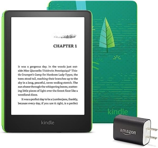 Kindle Paperwhite Kids Essentials Bundle Including Kindle Kids Device - (16 GB), Kids Cover - Emerald Forest, Power Adapter, and Screen Protector