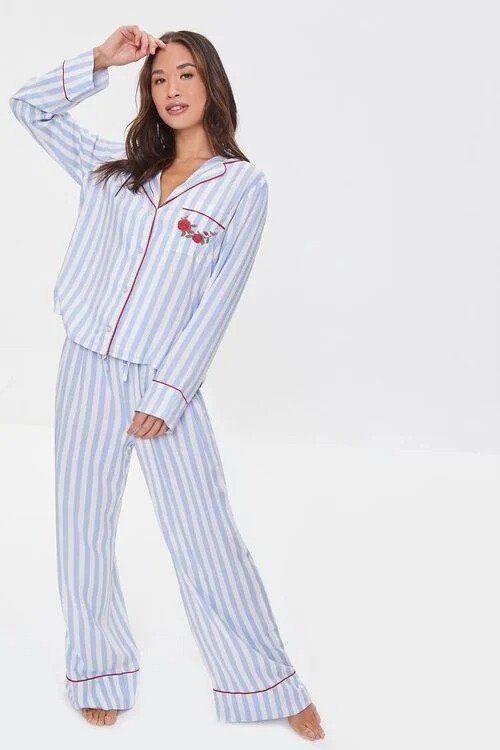 Floral Striped Shirt & Pants Pajama Set