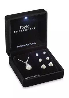 Fine Silver Plated Pendant Necklace and Earrings Set in Light Up Box