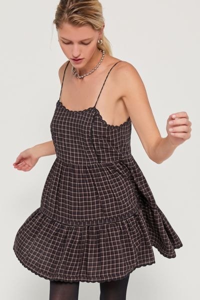 UO Hanna Rayon Scallop Babydoll Mini Dress