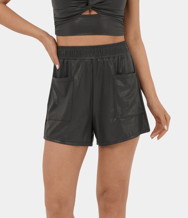 Women’s Softlyzero™ Faux Leather High Waisted Side Pocket Foil Print Stretchy Casual Shorts 3'' - Halara