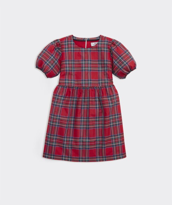 Girls' Taffeta Puff-Sleeve Tartan Dress