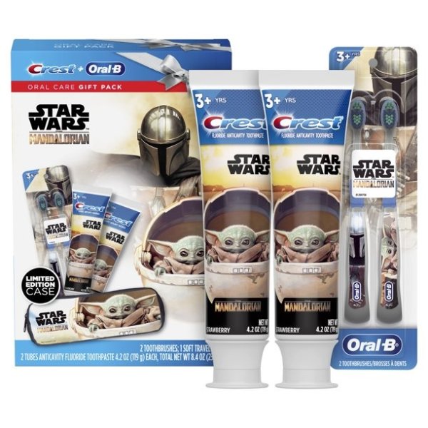 (25% Value) Crest & Oral-B Kids Star Wars The Mandalorian Holiday Pack Gift Set with 2 Toothbrushes and 2 4.2 oz Tubes of Toothpaste