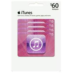 Apple 4张 iTunes 价值$15礼品卡套装