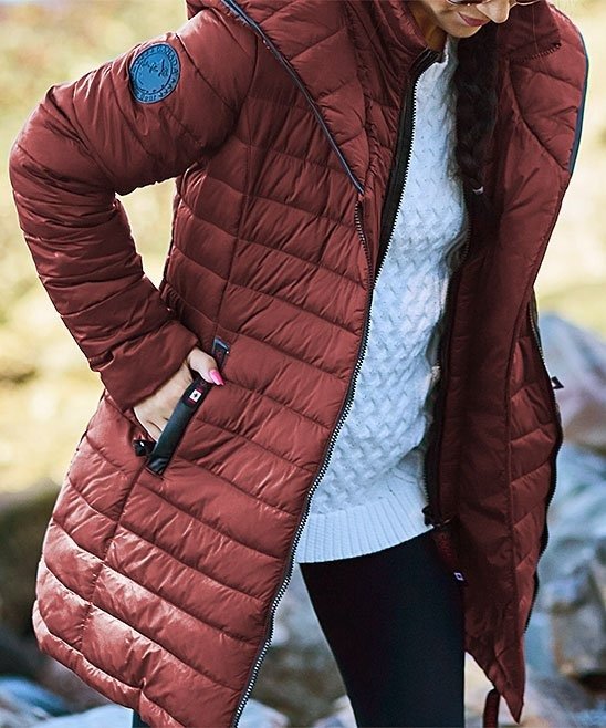 Cranberry Satin Hooded Puffer Jacket - Plus