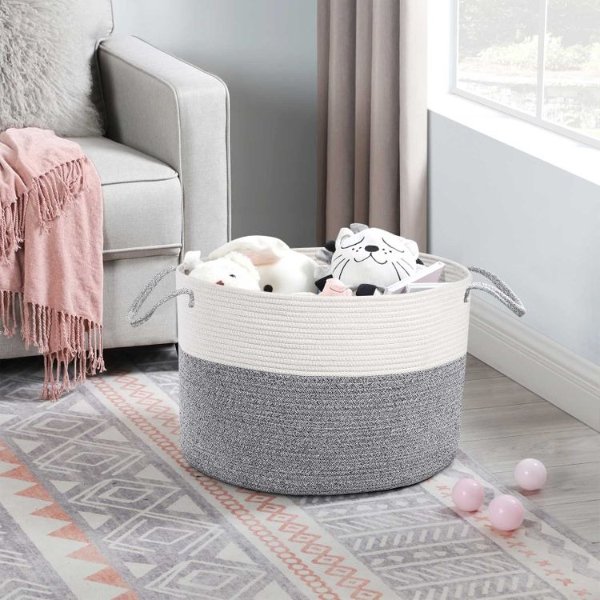 Woven Cotton Rope Basket, Toy Storage Bin with Handles, Blanket Storage for Pillows, Clothes in Living Room, Bedroom, Gray and Beige ULCB440G01