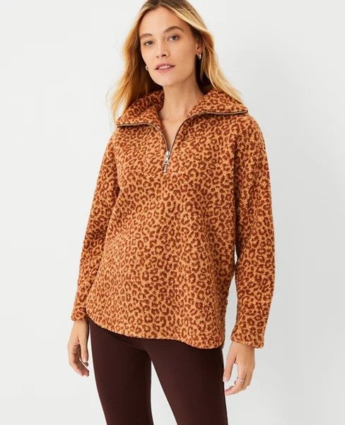 Leopard Print Sherpa Zip Sweatshirt | Ann Taylor