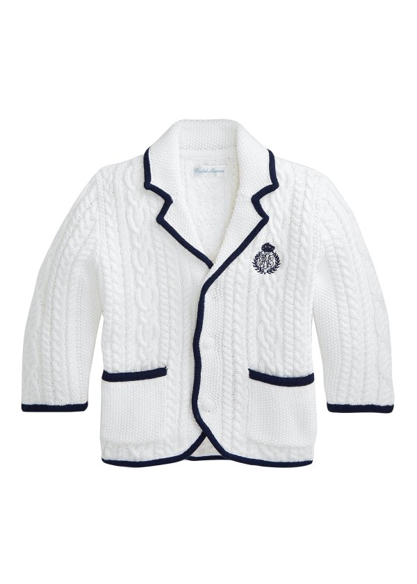 Boy's Crest Embroidered Cable-Knit Cardigan Blazer, Size 9-24M