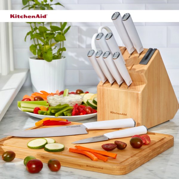 Classic Japanese Steel 12-Piece Knife Block Set with Built-in Knife Sharpener, White