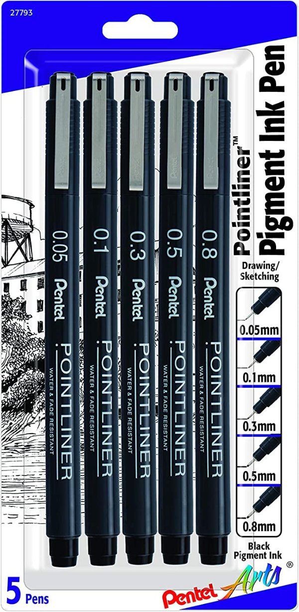 Arts Pointliner Drawing Pen, 5-Pack, Assorted Sizes, Black Ink (S20PBP5A)