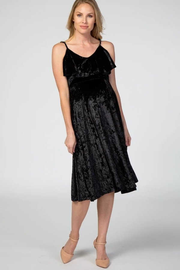 Black Crushed Velvet Ruffle Maternity Dress