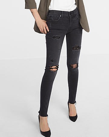 Black Mid Rise Destroyed Stretch Ankle Jean Leggings