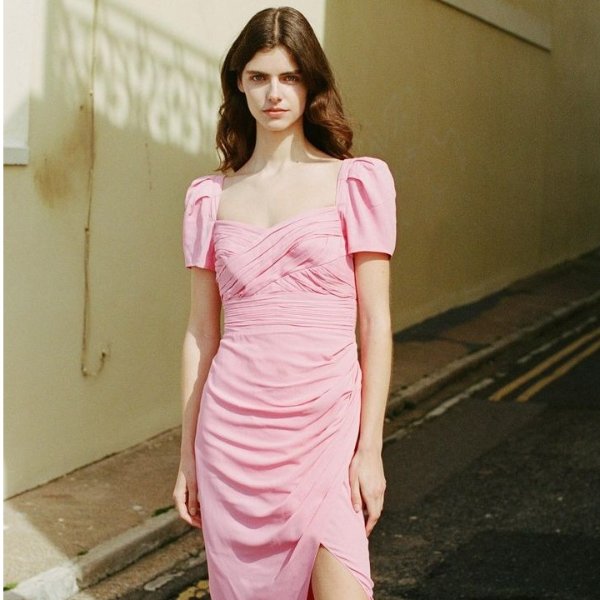 Pink gathered wrap-effect midi dress
