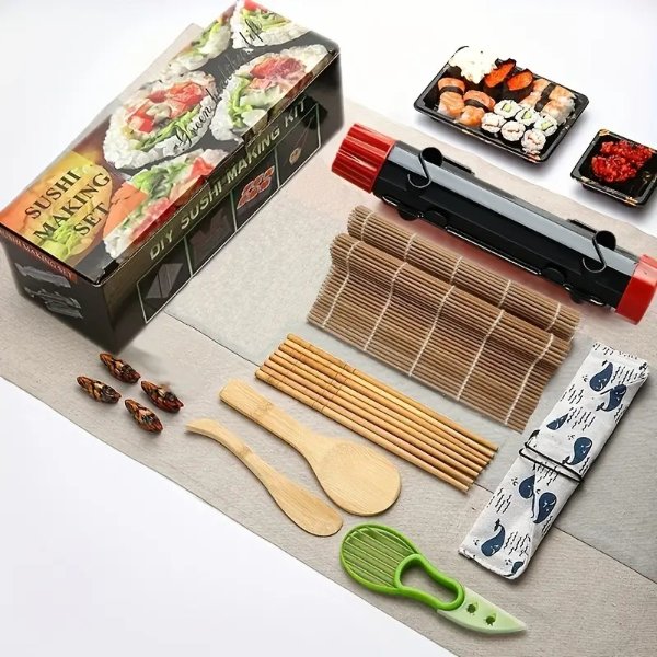 1set Sushi Making Kit For Beginner, Sushi Making Kit Clearance, All In One Sushi Bazooka Maker With Bamboo Mats, Bamboo Chopsticks, Avocado Slicer, Paddle, Spreader, Sushi Knife, Chopsticks Holder, Storage Bag, DIY Sushi Roller Machine