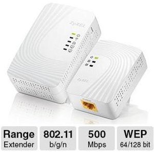 ZyXEL 500Mbps Powerline 11n Wifi Adapter, with 500Mbps Powerline adapter Starter Kit - 2 units pack - 802.11 b/g/n, Up to 300 Meters, 128-bit AES Encryption, 64/128 bit WEP - PLA4231KIT