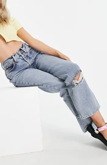 Double Ripped Knee Nonstretch Dad Jeans