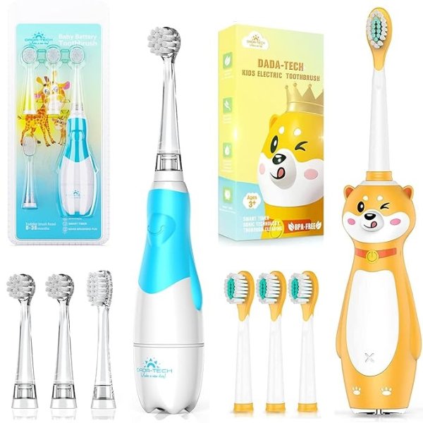 -TECH Baby Electric Toothbrush Blue Ages 0-3 Years, Kids Electric Toothbrush Rechargeable Yellow Ages 3+