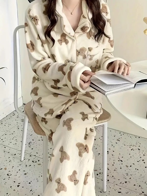 Temu Cute Bear Print Fleece Pajama Set, Thickened Long Sleeve Button Up  Lapel Collar Top & Elastic Pants, Women's Sleepwear & Loungewear 20.38