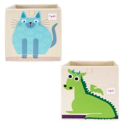 3 Sprouts Large 13 Inch Square Children's Foldable Fabric Storage Cube Organizer Box Soft Toy Bin 2 Piece Bundle with Blue Cat, Green Dragon Designs