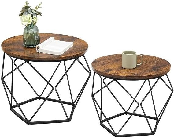 Small Coffee Table Set of 2, Round Coffee Table with Steel Frame, Side End Table for Living Room, Bedroom, Office, Rustic Brown and Black