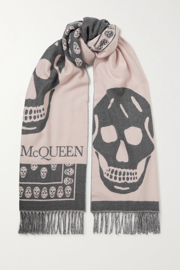 Oversized fringed wool-jacquard scarf