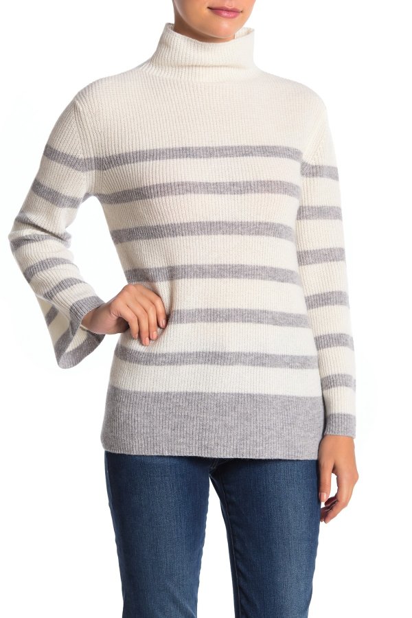 Stripe Bell Sleeve Cashmere Sweater