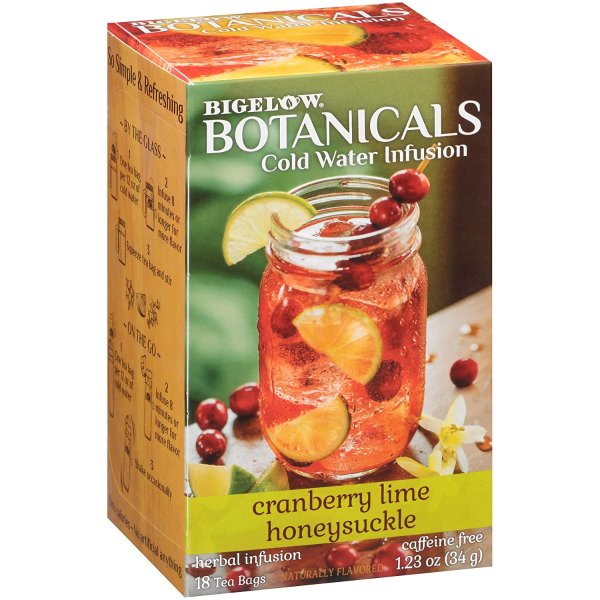 Bigelow Botanicals Cold Water Infusion Cranberry Lime Honeysuckle Tea Bags 18 Count Box (Pack of 1), Herbal Infusion, Caffeine Free, 18 Tea Bags Total