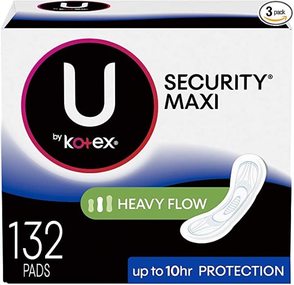 Security Feminine Maxi Pads, Heavy Flow, Long, Unscented, 132 Count (3 Packs of 44)
