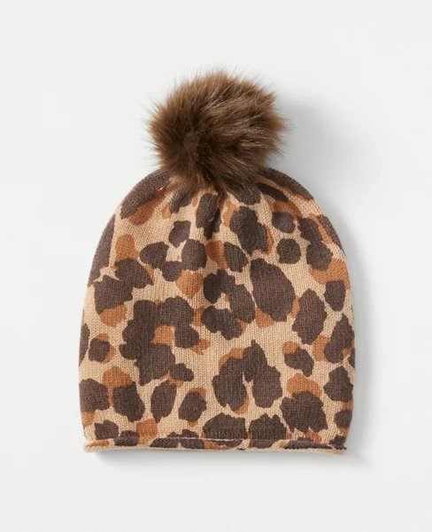 Leopard Print Faux Fur Pom Pom Cashmere Hat | Ann Taylor