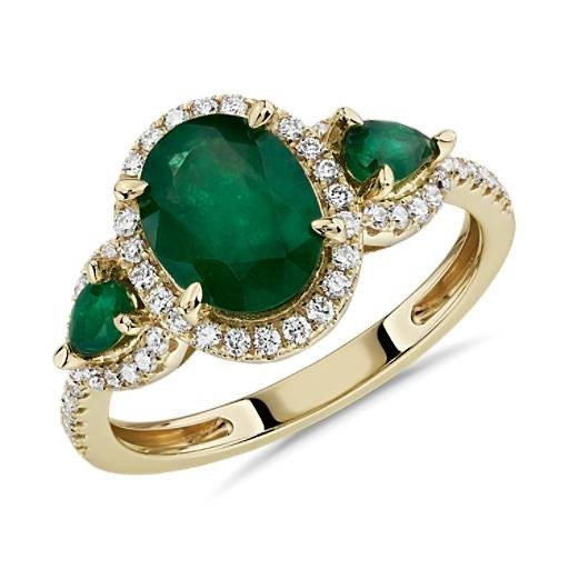 Emerald and Diamond Halo Three-Stone Ring in 14k Yellow Gold | Blue Nile