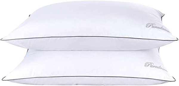 Natural Goose Down Feather Bed Pillow Beautiful Embroidered Design T233 Cotton Cover Standard Size Set of 2