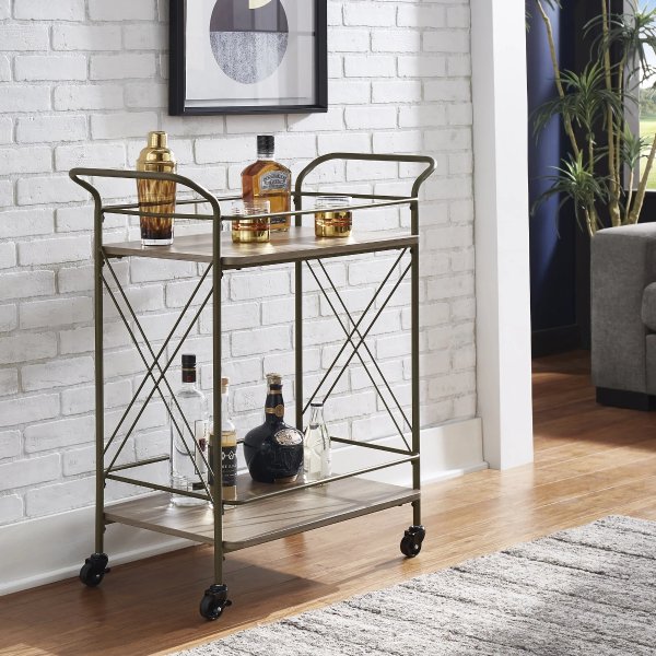 Romilly Bronze Finish and Wood Double-Cross Bar Cart