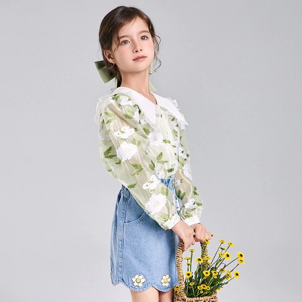 Girls Floral Embroidery Lace Collar Shirt |Fashion